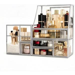 Glass Makeup Organizer for Vanity/Stackable 2Pieces Drawer Set/Antique Countertop Vanity Cosmetic Storage Box Mirror Glass Beauty Display, Holder for Brushes Lipsticks Skincare Toner (Silver)