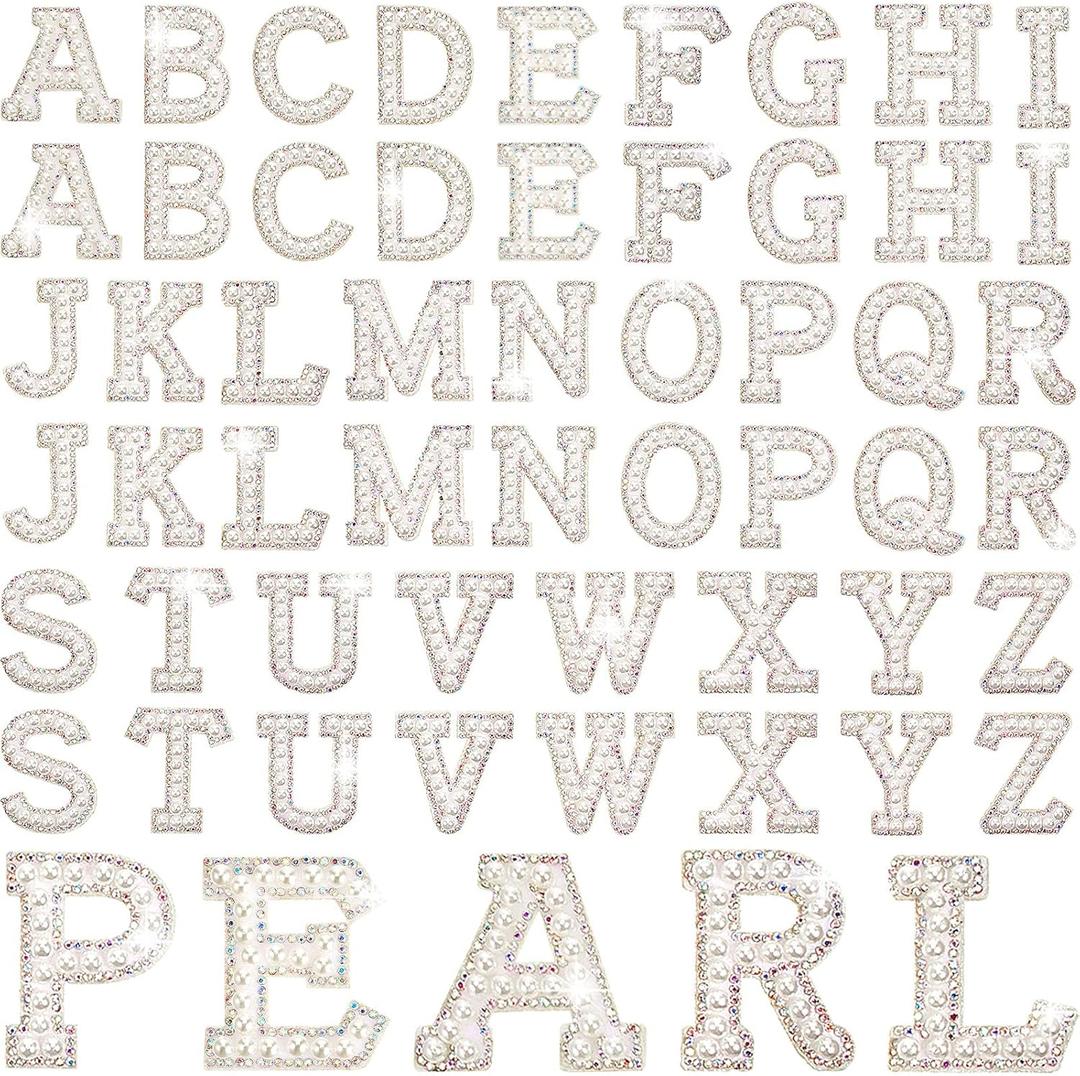 Canlierr 52 Pcs Self Adhesive Pearl Rhinestone Letter Patches Rhinestone A-z Glitter Pearl Sew on Patches Bling Letter Sticker Appliques Fabric Craft for DIY Clothes Bags Hats(Classic Style), Small