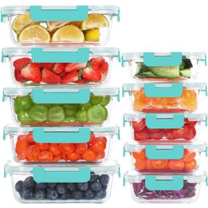 KOMUEE 10 Pack Glass Food Storage Containers, Meal Prep Containers with Lids, Airtight Glass Lunch Boxes, Freezer, Oven, and Microwave Safe, Green