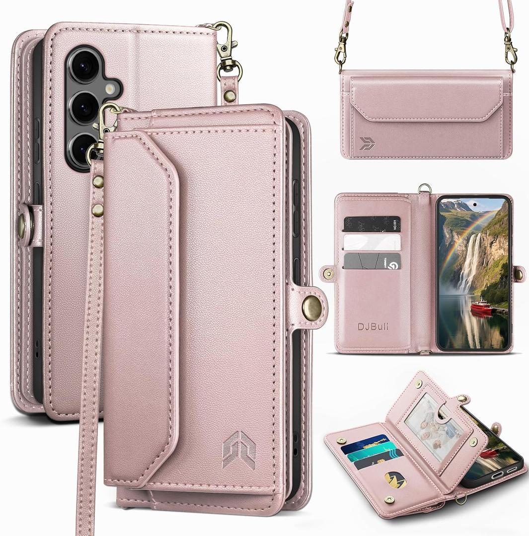 DJBull for Samsung Galaxy S25 Wallet Case with Card Holder, Magnetic Snap, Soft PU Leather, Shoulder and Wristlet Straps, Flip Phone Case for Women Men for Samsung S25 Rose Gold Color