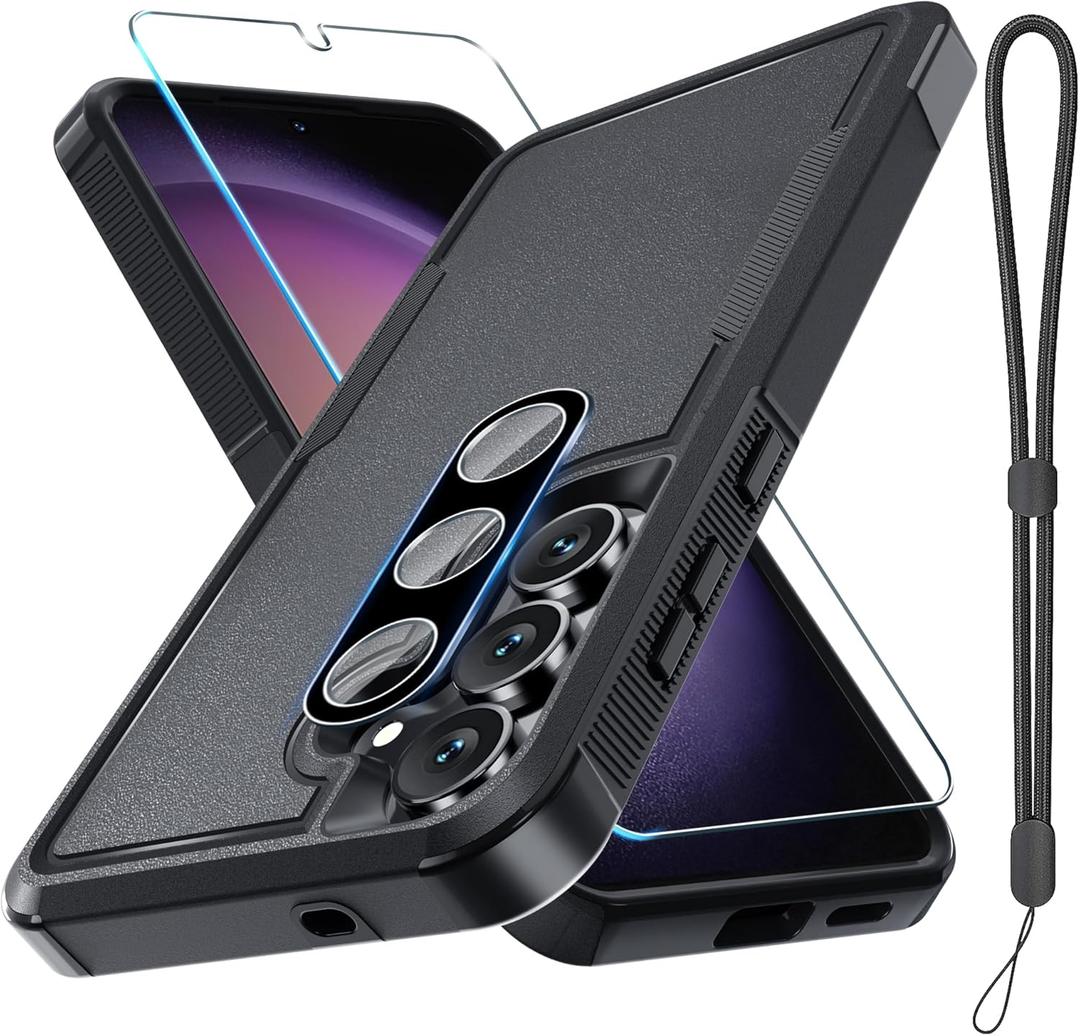 for Samsung Galaxy S25 FE Case with Screen Protector+Camera Lens Cover,Military Grade Heavy Duty Shockproof Phone Cover with Wrist Lanyard Strap for Samsung S25fe,Black Matte