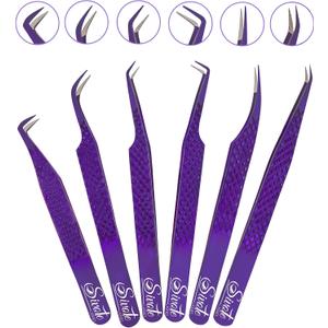 SIVOTE Eyelash Extension Tweezers Fiber Tips, Set of 6, Curved, Dolphin, 90 Degree 45 Degree, Volume Boot & Slight Curved Tweezer, Purple
