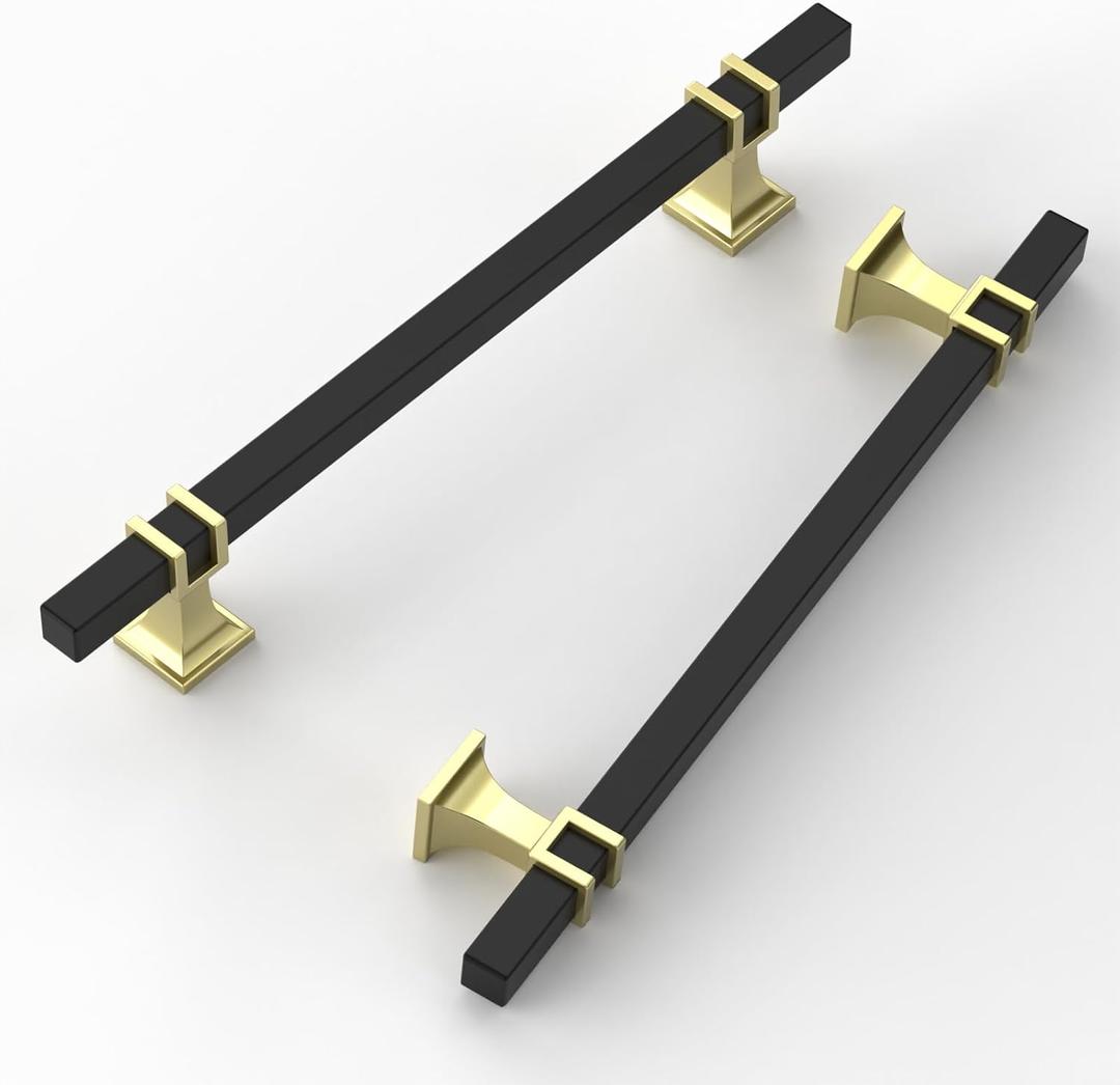 FILTA 6.3 Inch(160mm) Hole Centers Matte Black 10 Pack Cabinet Pulls,Black and Gold Square Drawer Pulls T Bar Kitchen Cabinet Handles Cabinet Hardware for Cabinets Cupboard Drawer