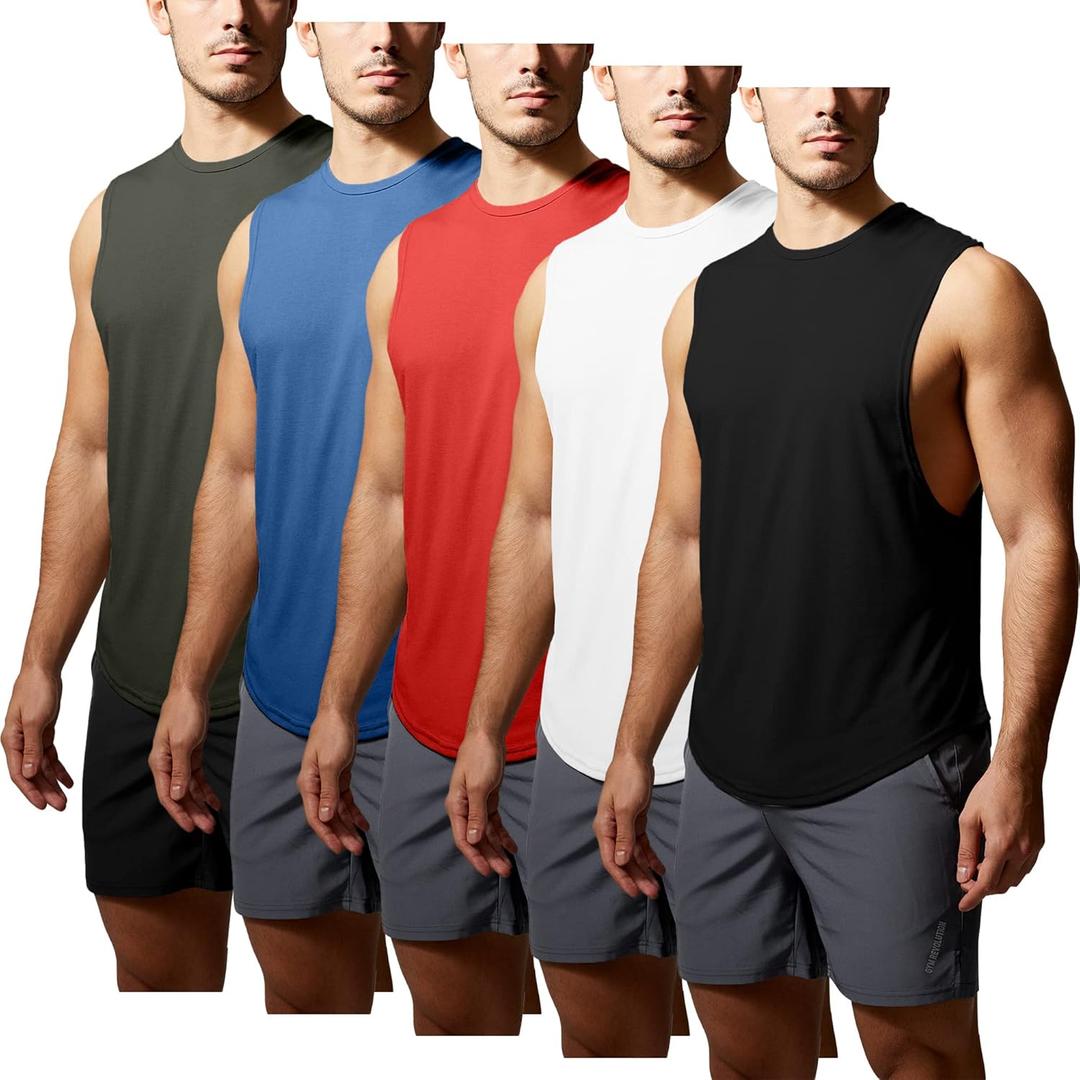 5 x GYM REVOLUTION Men's 5 Pack Workout Fitness Tank Tops Muscle Gym Sleeveless Shirts (Green, M)