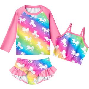 LQSZ Girls Rash Guard Sets Long Sleeves Swimsuit 3 Pieces Tankini Bathing Suit Swimwear for Girls 3-12 Years (6-7 Years, E-unicorn)