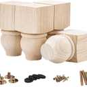 La Vane 5 inch / 12cm Wooden Furniture Legs, Set of 4 Solid Wood Carved Geometry Unfinished Replacement Bun Feet with Mounting Plate & Screws for Sofa Cabinet Couch Table TV Stand