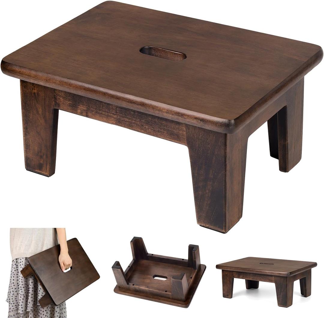 Wooden Step Stool (16.5" D x 12" W x 6.5" H) No Assembly Needed, Bed Steps for High Beds for Adults - Natural Solid Wood One Step Stool, Heavy Duty- Holds up to 600Lbs- Perfect Safety (Walnut Color)