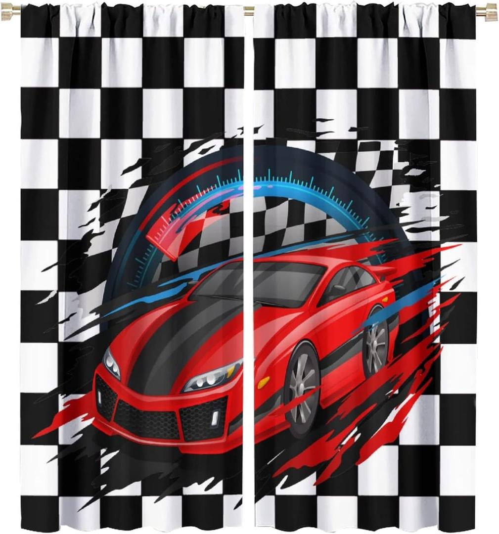Racing Car Decorative Window Curtains, Race Car Competition Extreme Sports Red Automobile Decorative Curtain Rod Pocket Window Treatment for Boys Teens Men Bedroom Living Room 42x45in
