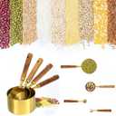 Measuring Cups and Spoons Set of 8, Wooden Handle with US Measurements, Dry & Liquid Ingredient Measuring Cup for Cooking and Baking, Golden Stainless Steel Measuring Cups