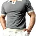 JOGAL Mens Knit Polo Shirts Vintage Short Sleeve Sweater Polo Muscle Slim Fit Golf Shirts L