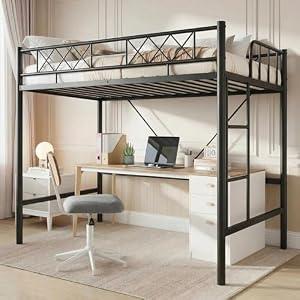 Garvee Loft Bed Twin Size for Teens & Adults, Metal Loft Frame with Safety Guardrail & Flat Ladder Rung, Heavy Duty Steel Slats, Space Saving Design, No Box Spring, White