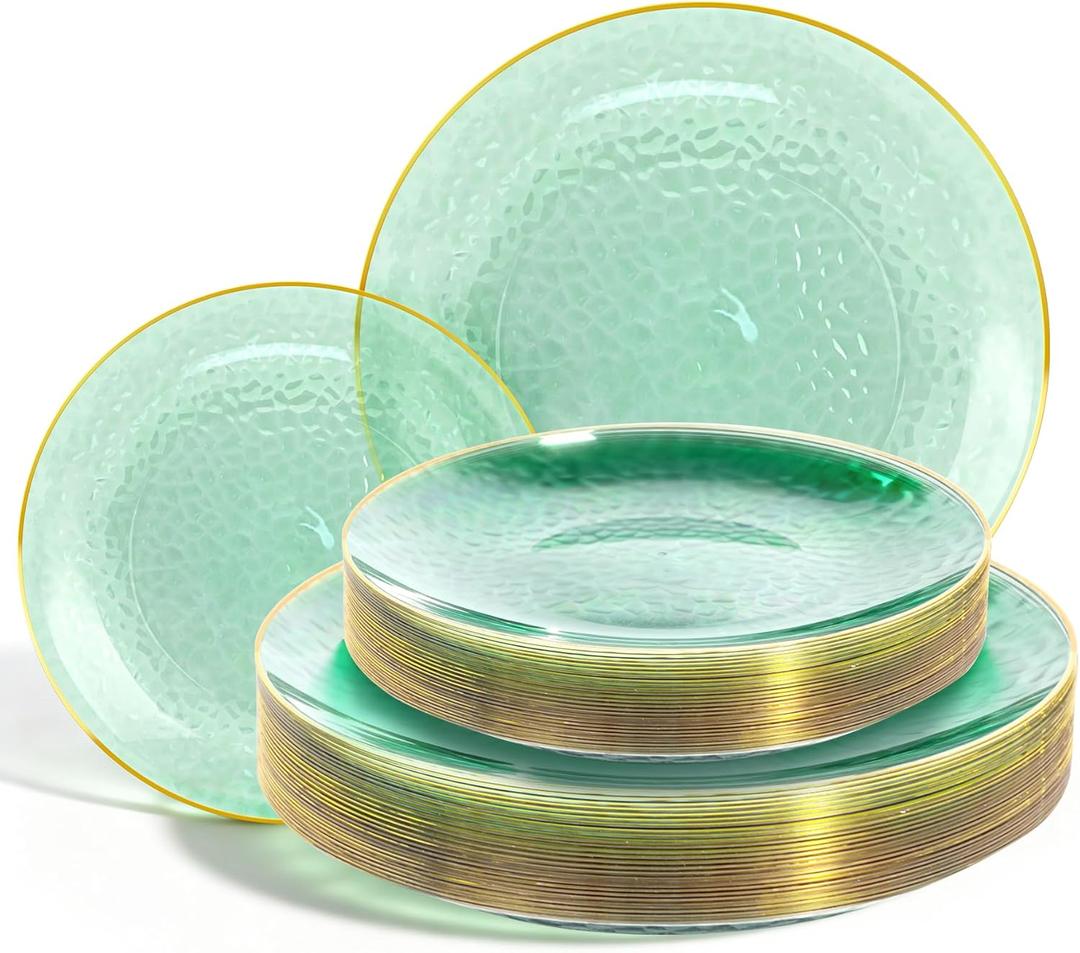 Lullaby 60pcs Green Plastic Plates with Gold Rim, Includes 30pcs Dinner Plate 10'' and 30pcs Clear Dessert Plate 7.5'', Green Disposable Plastic Plates for Parties, Birthdays and Wedding