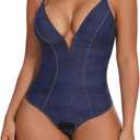 SHAPERIN Bodysuit for Women Shapewear Tummy Control Deep V Neck Plunge Sleeveless Backless Thong Body Suit Tank Top (Large, #77-blue)