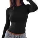 YFANG Women's Casual Long Sleeve Crew Neck Tight Top Basic Stretchy Going Out Slim Fitted Tee Shirts Black Small (Black, S)