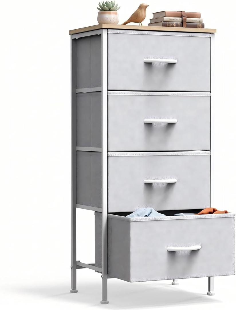 DUMOS Nightstand with 4 Drawers Bedside Table with Removable Fabric Bins Sturdy Steel Frame Wood Top Organizer Furniture for Bedroom Closet Living Room, Ash, 11.8"D x 17.7"W x 37.4"H