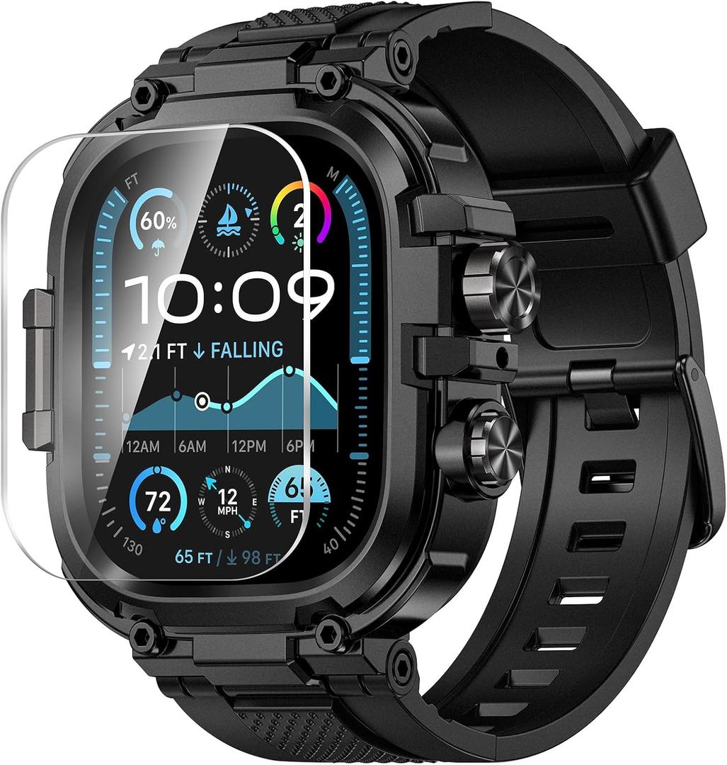 Goton Rugged Case with Band for Apple Watch Ultra 3/2/1 49mm, Military Grade Shockproof Cover + Screen Protector Kit for iWatch Band Men, Skin-Friendly TPU Strap for Outdoor Adventures (Black)