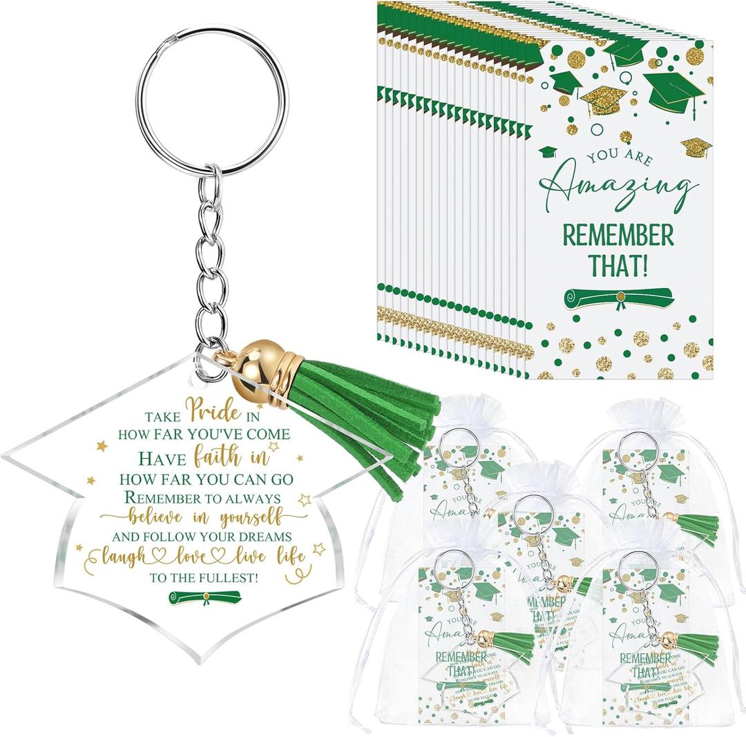 Chunful 24 Set Graduation Keychain Gift Class of 2026 Bulk Tassel Keychain Inspirational Cards Organza Bags High School University College Seniors Souvenir Graduation Party Favors for Students(Green)
