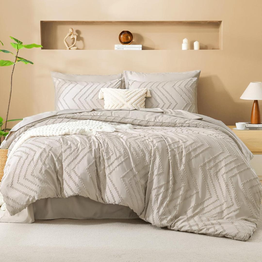 Litanika Oversized King Comforter Set with Sheets 120x120, 7 Pieces Super King Bed in a Bag Boho Tufted Bedding Comforter Sets Oatmeal