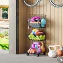 Sonyabecca Outdoor Toy Storage Basket, Play Kitchen Organizer with 5 S-Hooks,3 Tier Rolling Storage Cart Garage, Pantry Floor Snack Cart with Wheels,Toy Shelf Dog Storage Organizer Kids Bookshelf