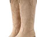 IUV Suede Cowboy Boots For Women Chunky Heel Pointed Toe Cowgirl Boots Mid Calf Western Embroidery fall Boot (7.5, Apricot)