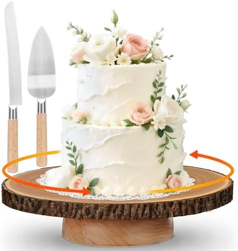 Rotating Cake Stand 12" Wood Cake Stand with Cake Cutting Set,Rustic Wooden Cake Stands for Party/Wedding/Baking Gifts/Event/Cake Turntable for Decorating