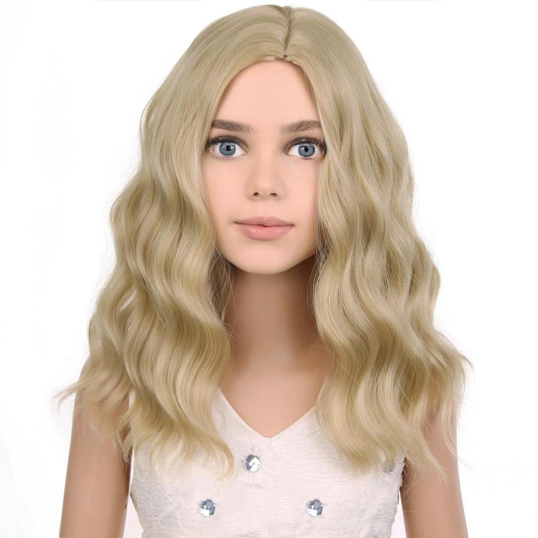 Blonde Wig Kids Child Short Wavy Wig Ash Blonde Wigs Mixed Blonde Wigs for Gilrs Cosplay Party Heat Resistant Blonde Synthetic Hair(Ash Blonde)