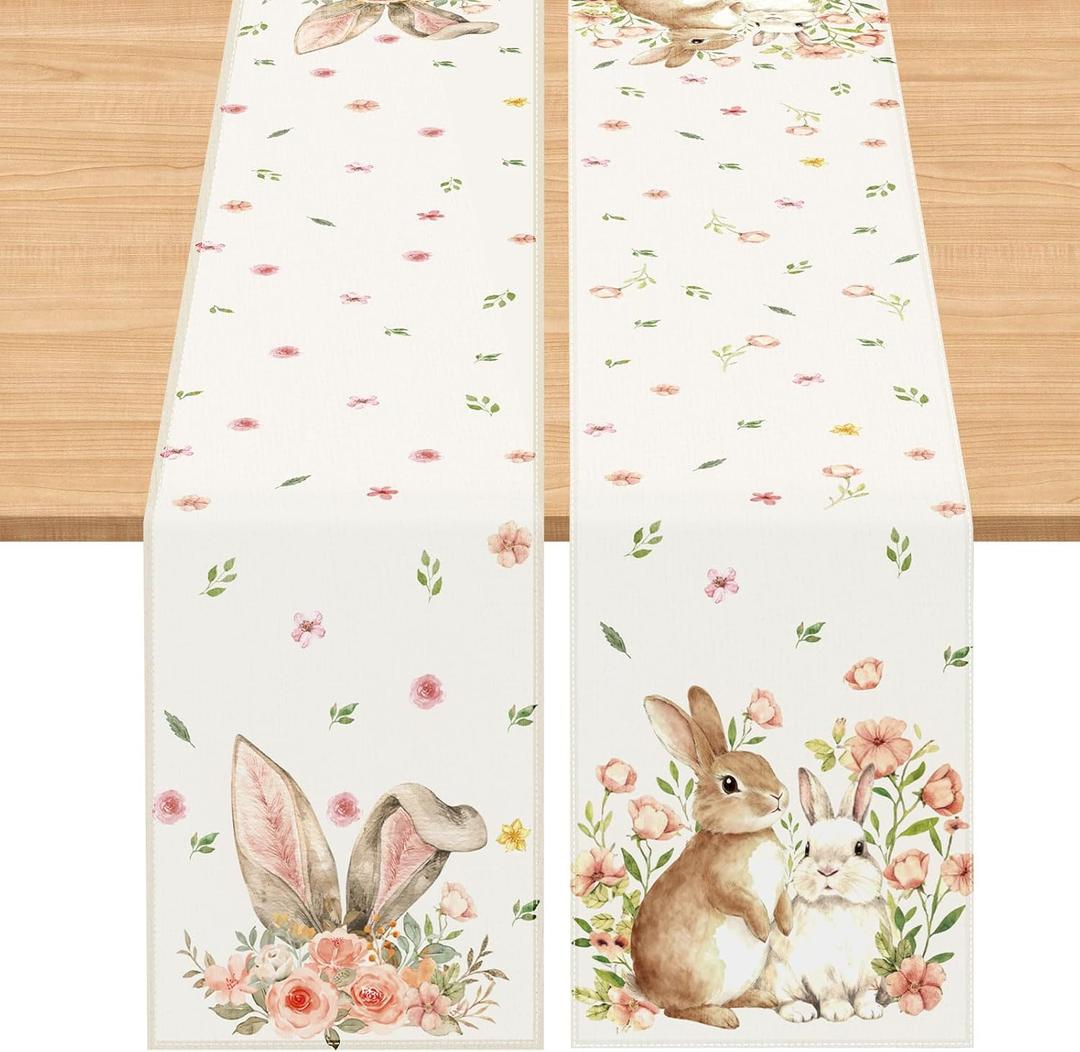 2 x Gilprop 2 Pcs Easter Table Runner 13 x 72 Inch Bunny Rabbit Flower Table Runner Spring Backdrop Banner Seasonal Holiday Kitchen Supplies Easter Decorations for Home Dining Decor