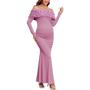 AISWI 3D Floral Off The Shoulder Maternity Dress Sexy Ribbed Mermaid Maxi Bodycon Pregnancy Dresses Baby Shower (Pink, XL)