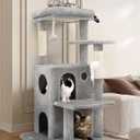 Globlazer Cat Tree Tower for Indoor Cats, 50-inch Adult Cat Tree House for Large Adult Cats with Steps, Scratching Post, 2 Cat Caves, Dangling Toys, FC50, Light Grey