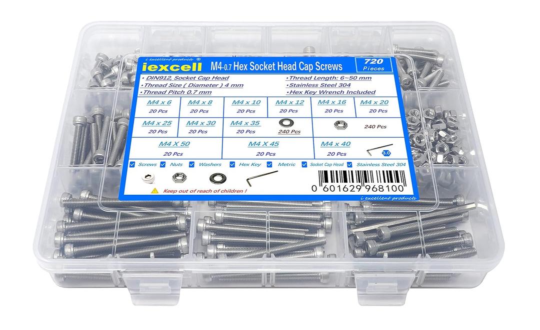 iexcell 720 Pcs M4 x 6/8/10/12/16/20/25/30/35/40/45/50 Stainless Steel 304 Hex Socket Head Cap Screws Bolts Nuts Washers Assortment Kit