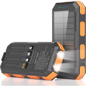 Solar Charger Power Bank 38800mAh, PD 22.5W USB-C Fast Charging Portable Charger with 4 Built-in Cables, External Battery Pack with Dual LED Emergency Flashlights for Camping, Hiking, Outdoor Use