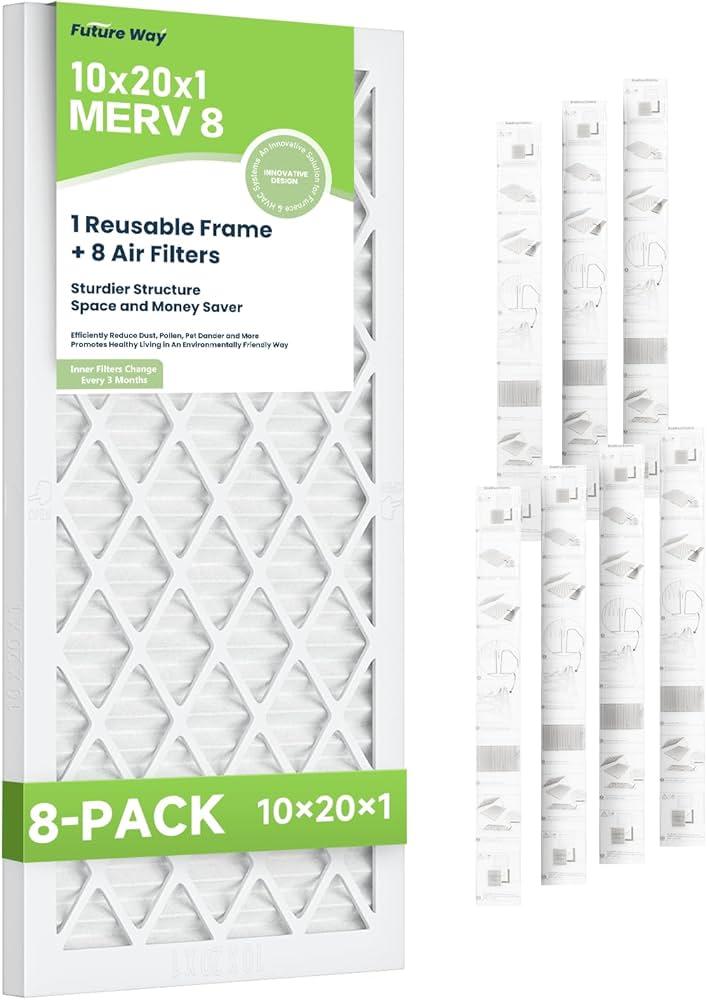 Future Way 10x20x1 Air Filters, 8-Pack with Reusable Frame, MERV 8, MPR 700 AC Furnace Filters, Space Saving & Cost-effective