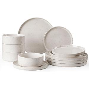 Famiware Nebula Plates and Bowls Sets, 12 Pieces Dinnerware Sets, Dishes Set for 4, Creamy White with Colorful Speckles