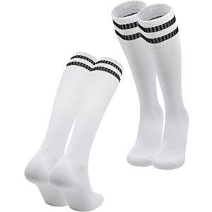 2 Pairs Kids Soccer Socks Boys Girls Striped Knee High Tube Socks Baseball Softball Uniform Over Knee Socks (White)