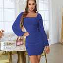 MEROKEETY Women Square Neck Lantern Long Sleeve Mesh Ruched Bodycon Clubwear Mini Dress (Medium, Blue)