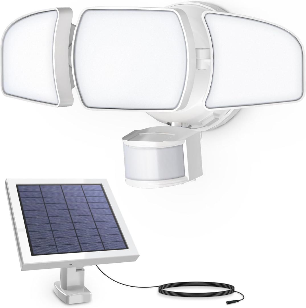 Feit Electric Outdoor LED Triple Head Solar Security Flood Lights with Motion Sensor, Dusk-to-Dawn Sensor, 3000 Lumens Floodlight, 5000K Daylight, No Hardwiring Needed, S13TFL/3000MOTSOL/WH