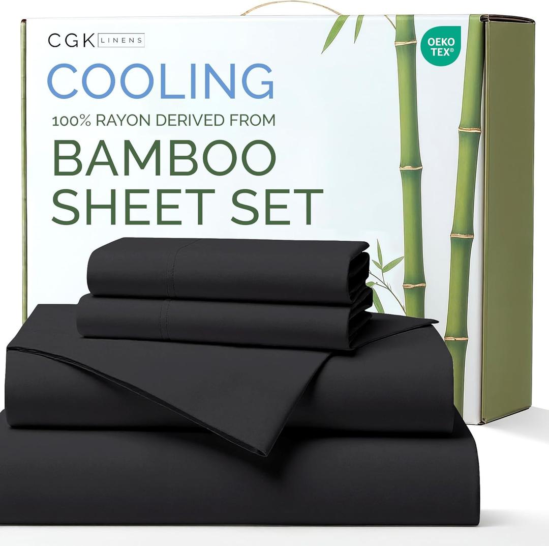 100% Rayon Derived From Bamboo - Bamboo Sheets King Size - Cooling Sheets for King - Ultra Soft, Breathable & Hotel Luxury Bedding - 1 Flat & 1 Fitted & 2 Pillowcases w/ 16 Inch Deep Pockets - Black