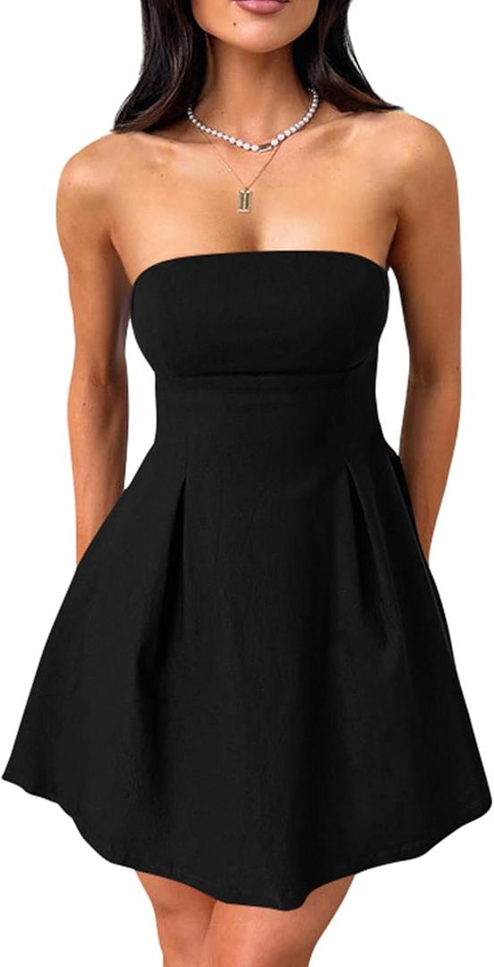 YMDUCH Women's Sexy Sleeveless Strapless Bow Tie A Line Party Club Short Mini Dress (Medium)
