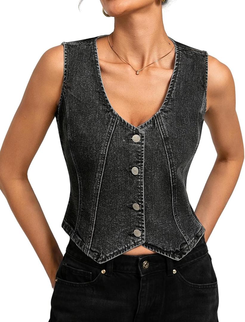 Kate Kasin Women's Denim Vest, Sleeveless Stretch Button Down Jean Vest for Women, Casual Fitted Summer Western Outfit (XX-Large, Dark Grey)