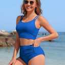 Charmo Women's High Waisted Bikini Sets Sporty Two Piece Swimsuit Ribbed Tummy Control Bathing Suit with Pockets (Blue, M)
