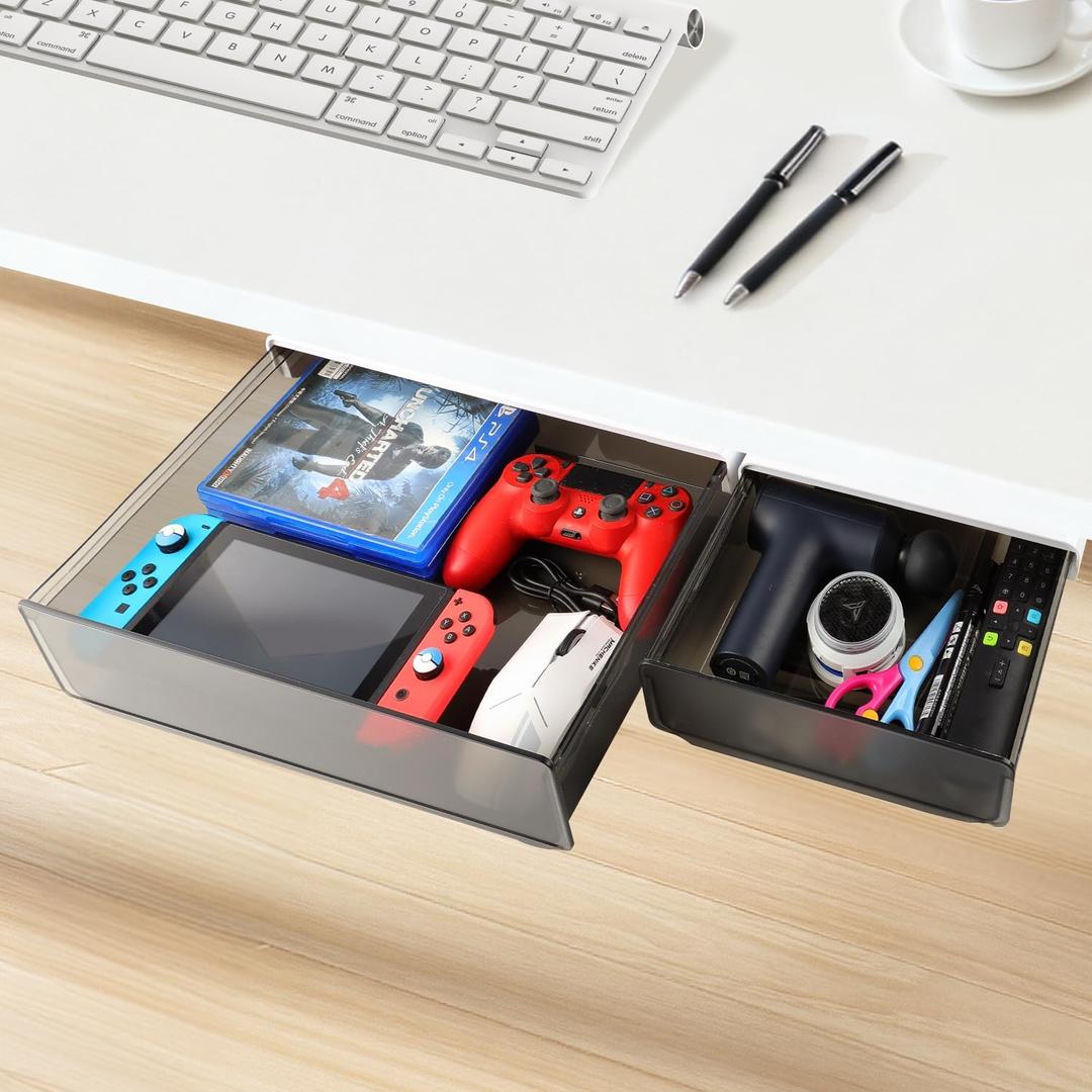 OSPNIEEK Self-adhesive Under Desk Drawer Organizer, 2 Pack Table Hidden Slide Out Large Storage Mounted Desktop Pencil Holder Tray Drawers for Office Home School Stationery Kitchen (XL+L, Black)