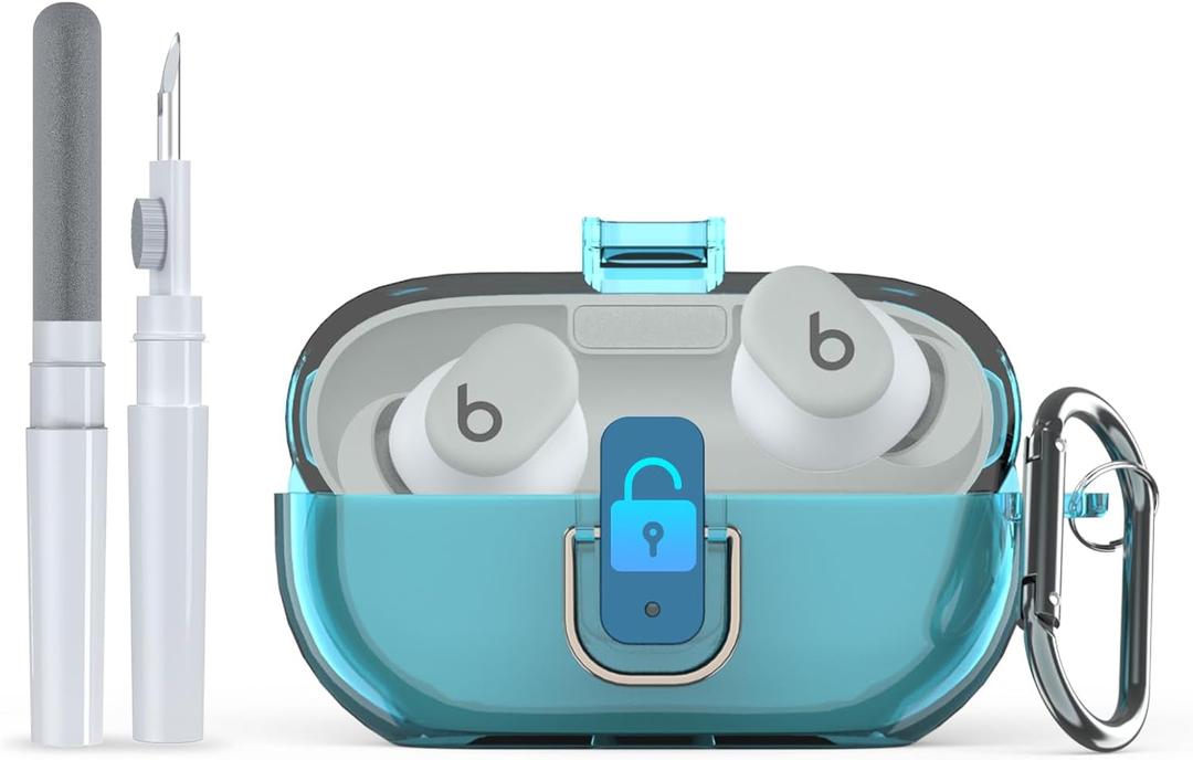 [Upgrade Secure Lock] for Beats Solo Buds 2024 Case Cover with Cleaner Kit, AGENTNANO Clear TPU Shockproof Protective Cover Compatible with Beats Solo Buds Charging Case with Carabiner-Clear Blue