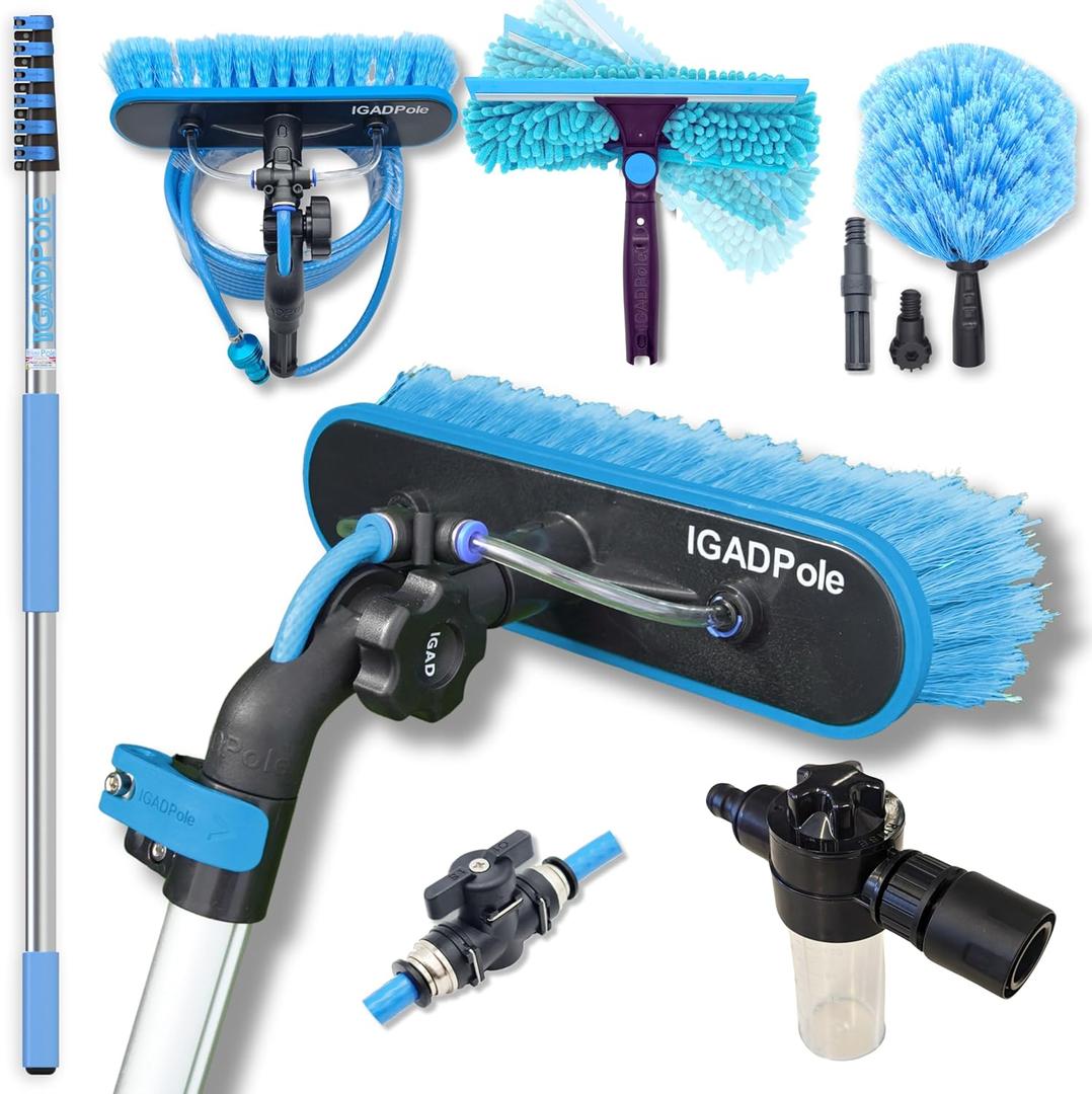 24ft IGADPole Washing Kit: Water-fed Brush, Cobweb Duster and 10 Squeegee and Soap Dispenser, with 6-Stage Telescoping Pole 5-24ft Pole