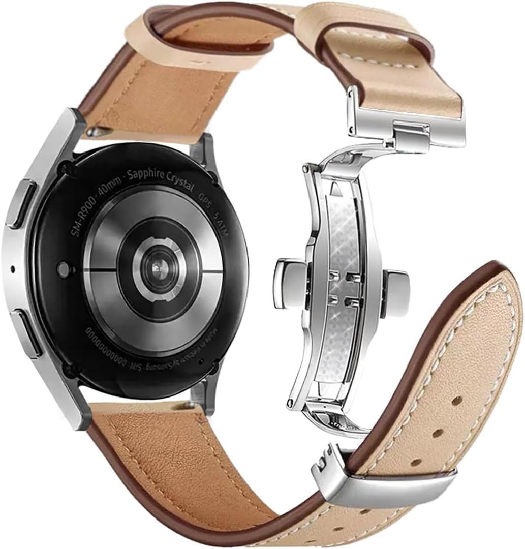 Genuine Leather Watch Band for Women Men Quick Release Spring Bars Bands 20mm 22mm Top Cowhide Calfskin Wristband Replacement Watchband Strap (Apricot-Silver Butterfly Buckle)