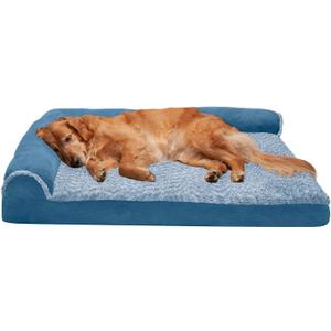 Furhaven Orthopedic Dog Bed for Large Dogs w/ Removable Bolsters & Washable Cover, For Dogs Up to 95 lbs - Two-Tone Plush Faux Fur & Suede L Shaped Chaise - Marine Blue, Jumbo/XL (40.0"L x 32.0"W x 8.0"Th, (Two-Tone Faux Fur & Suede) Marine Blue)