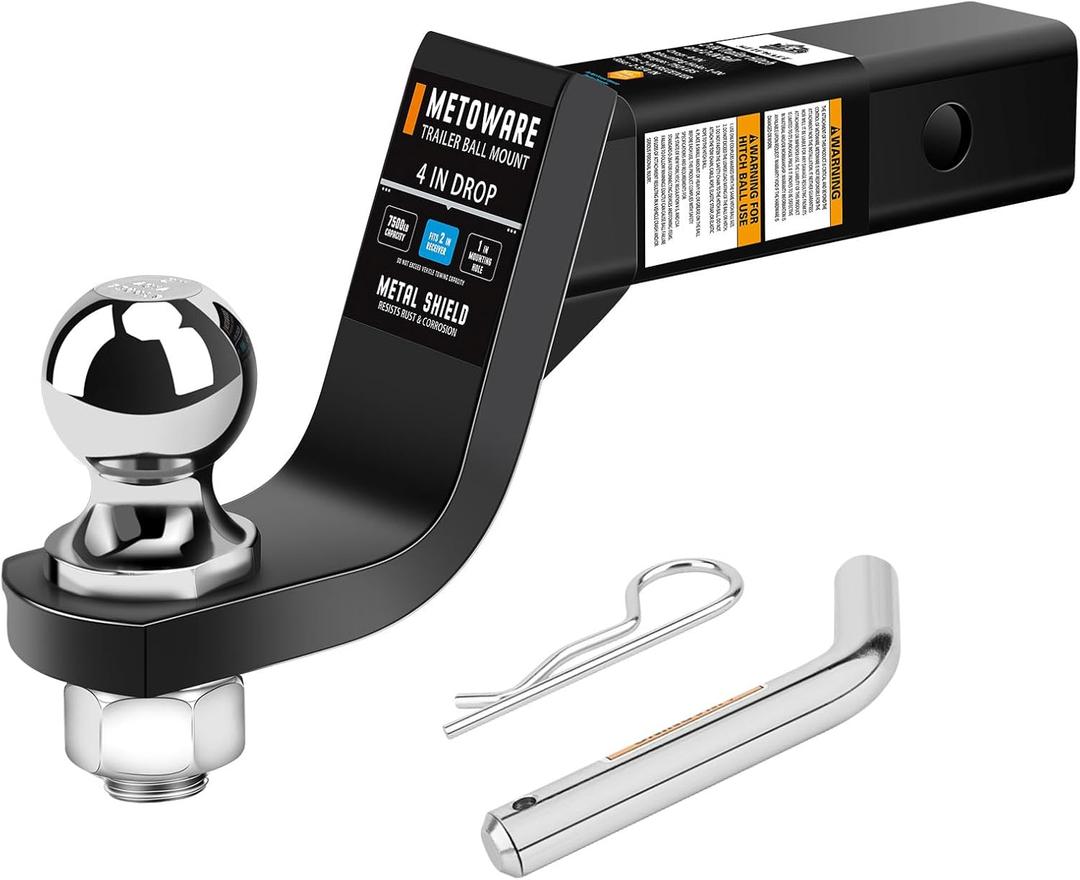 METOWARE 4" Drop Trailer Hitch Ball Mount for 2" Receiver, 7,500 lbs GTW Heavy Duty Towing Kit with 2" Ball and Hitch Pin, Solid Steel Tow Hitch for Truck, SUV, Boat, RV, Black Powder Coat