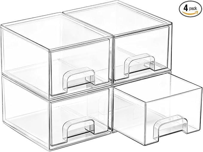Vtopmart 4 Pack Small Clear Stackable Storage Drawers, Acrylic Bathroom Makeup Organizer, Plastic Storage Bins For Vanity, Undersink, Kitchen Cabinets, Pantry, Home Organization
