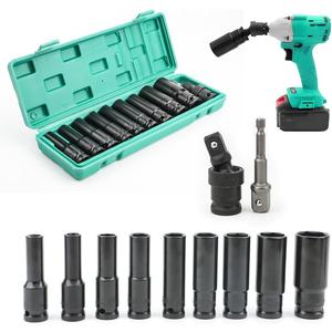 11 pcs 1/2 Metric Deep Impact Socket Set, Long Sockets 8mm to 24mm, Swivel Universal Joint and 1/4" Bit Adapter, Hex Drive, Flexible Angles Heavy Use for Power Drills, Impact Driver, Wrench