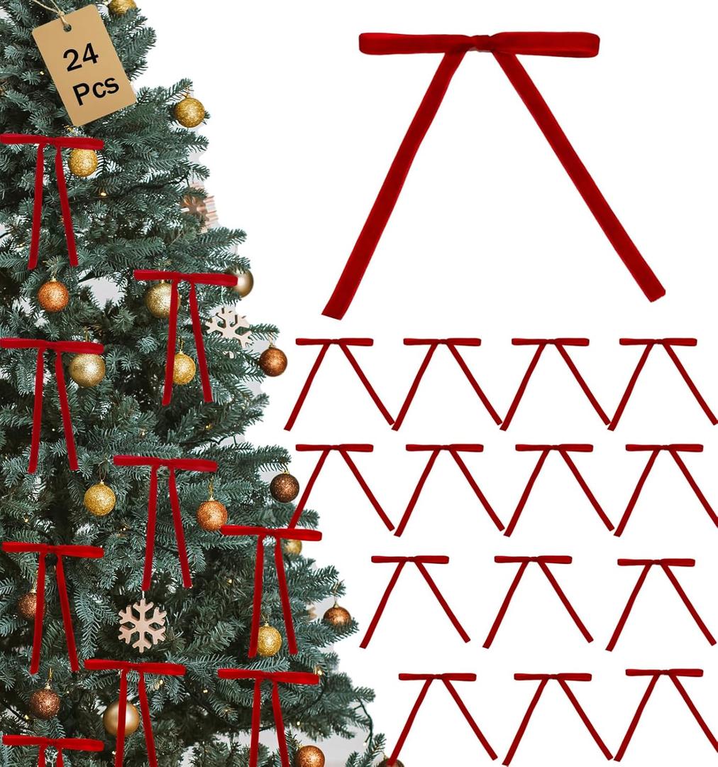 3 x 24 Pcs Velvet Christmas Tree Bows Velvet Bows for Christmas Tree Pre-Cut Ribbon for Xmas Tree, Garland Decor, Wreath, Gift Decorations (5x7 Inches, 3/8" Wide - Red)