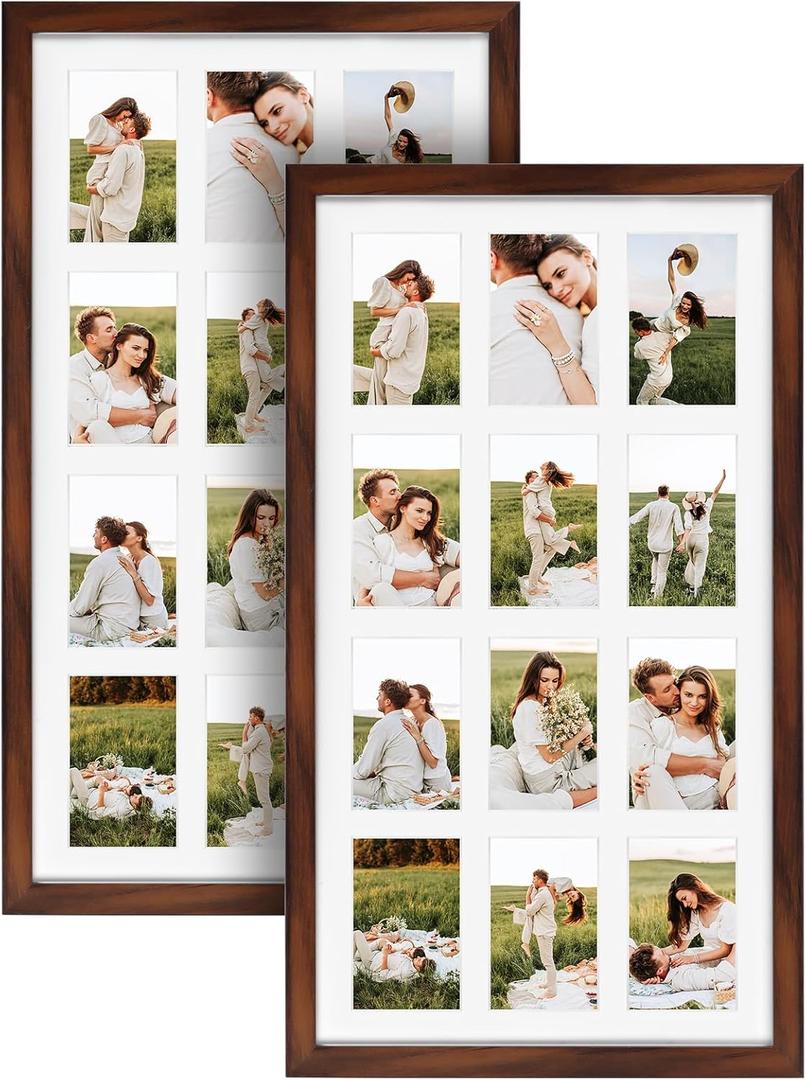 12 Opening 4x6 Collage Picture Frames Set of 2, Rustic Brown Multiple Frames for Displaying 6x4 Photos with Mat